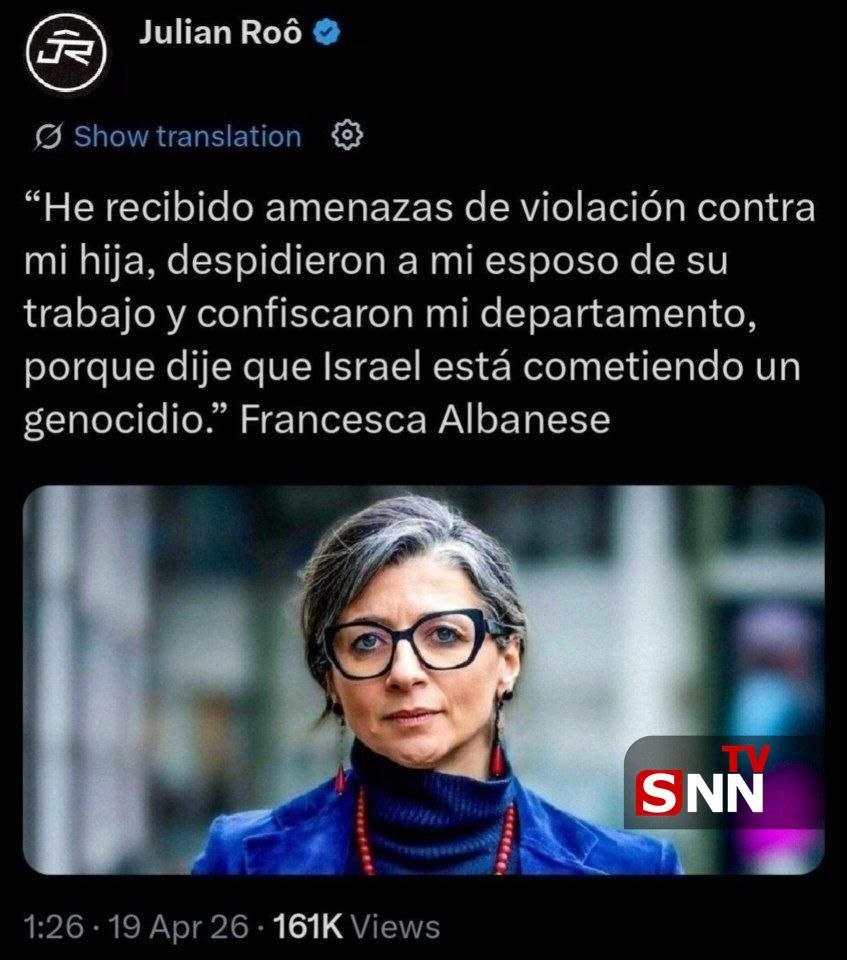 pueblopatriota's tweet photo. 🇺🇳🇮🇱 Francesca Albanese; abogada italiana y relatora especial de la ONU sobre DDHH en los territorios palestinos ocupados: «Amenazaron con violar a mi hija, despidieron a mi esposo de su trabajo y confiscaron mi apartamento, solo porque dije que Israel está cometiendo genocidio.» https://t.co/L302MkyTmY