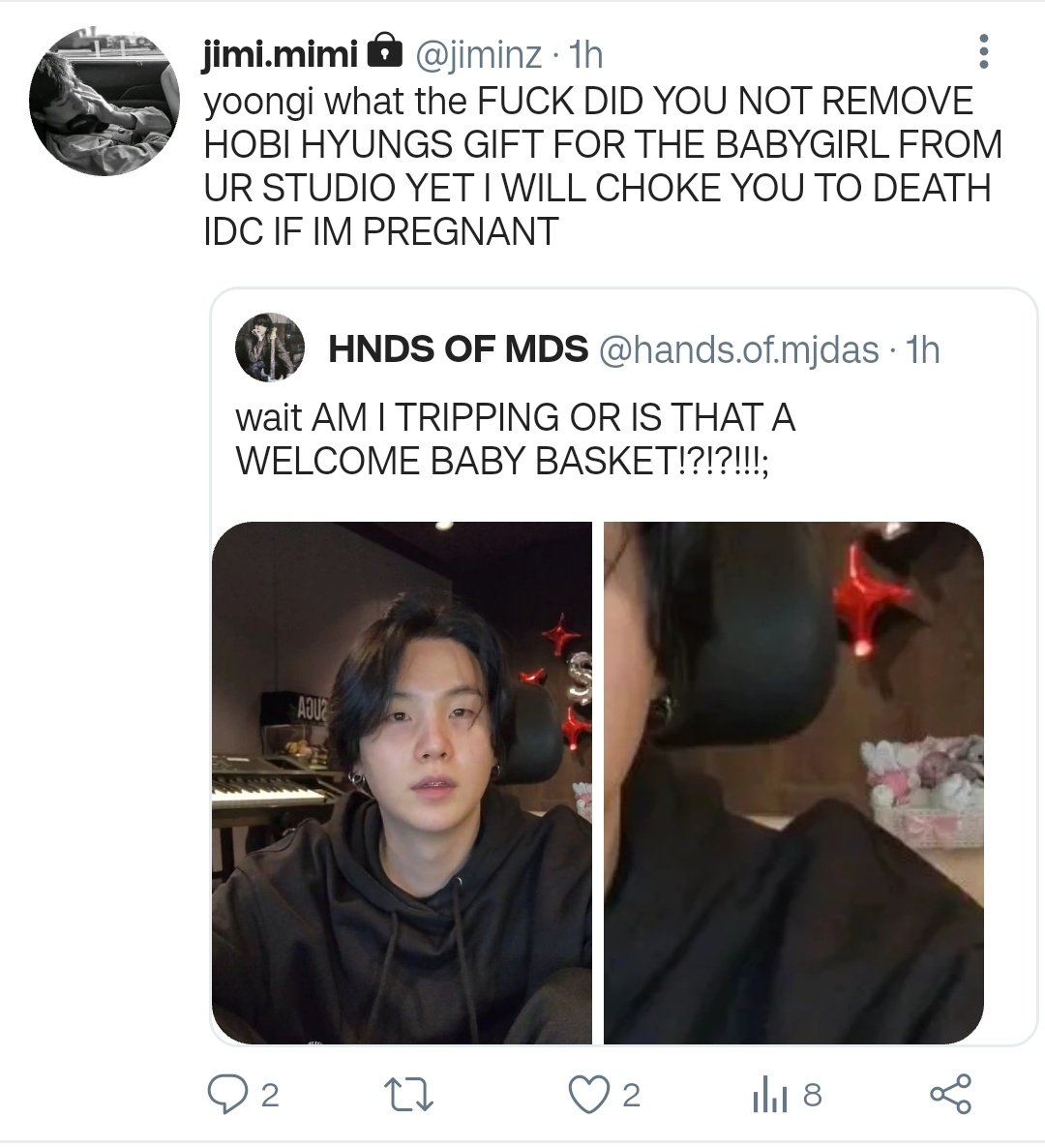 limelovee's tweet photo. #yoonminau where omega idol jimin goes on hiatus without explanation and alpha producer yoongi is seen live with a pregnancy care basket.

rumors of the two dating have been circulating, as yoongi often features in jimin's albums and the two has been seen hanging out a lot... https://t.co/HgwKuBal6T
