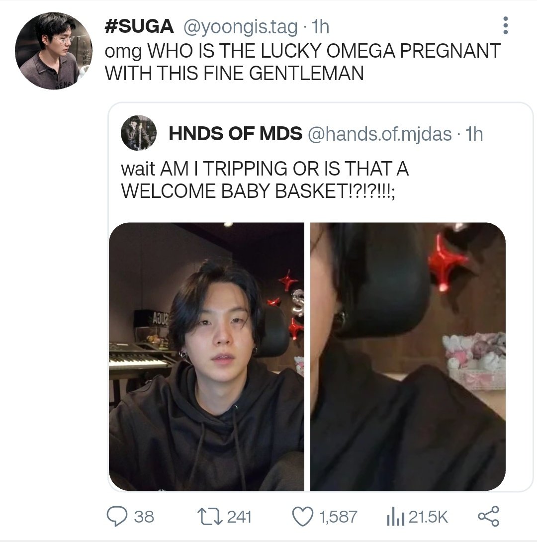limelovee's tweet photo. #yoonminau where omega idol jimin goes on hiatus without explanation and alpha producer yoongi is seen live with a pregnancy care basket.

rumors of the two dating have been circulating, as yoongi often features in jimin's albums and the two has been seen hanging out a lot... https://t.co/HgwKuBal6T