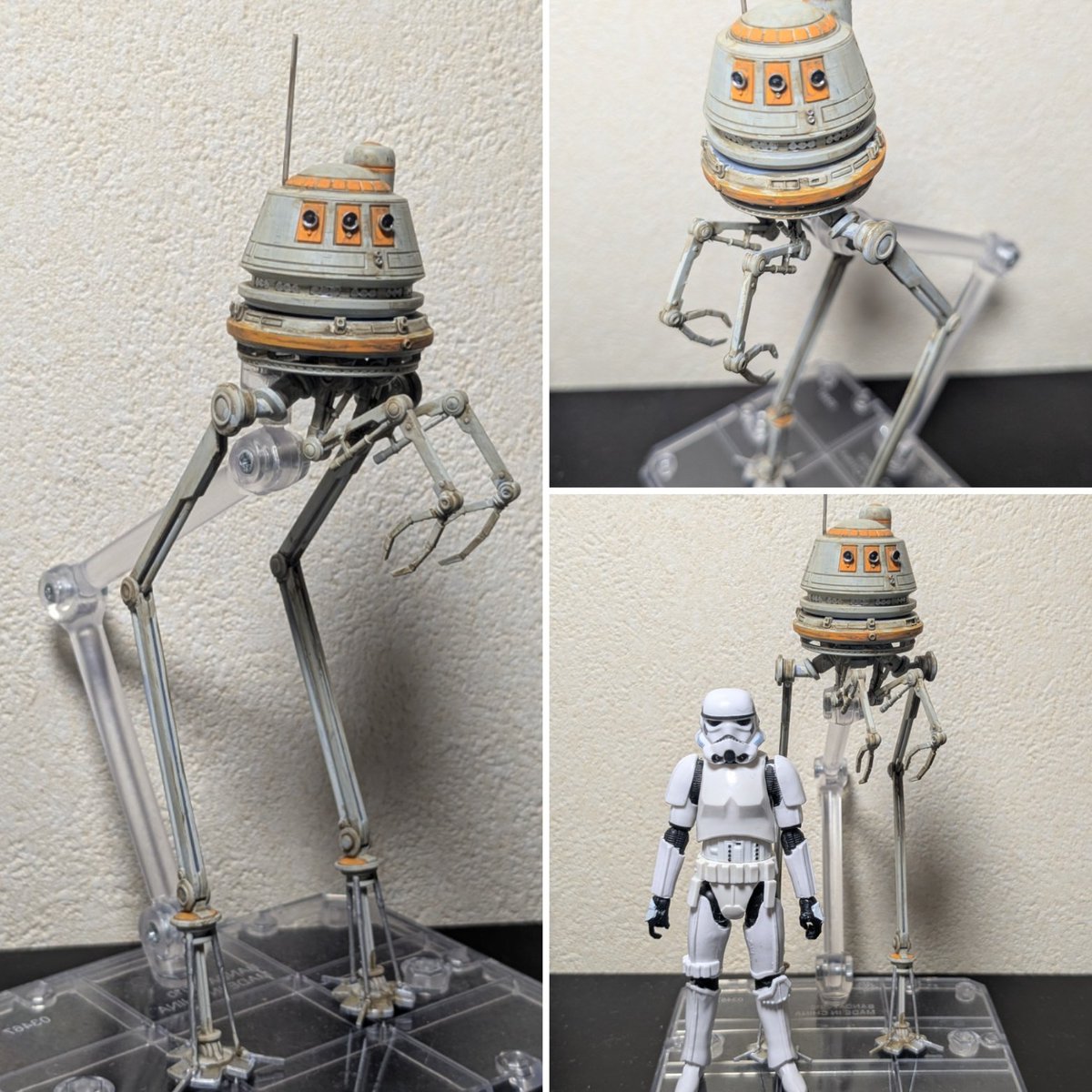 #エブトイ2　
チャミエリアに展示予定のマンダロリアン他に登場した農民ドロイド
今回はテイルズオブジェダイ最終話の無もなき農村に登場したバージョンです。
アストロメクではないんで客演枠としました！！
脚細で自立困難なんで、磁石台座としました。
果たして壊れることなく持参出来るのか....