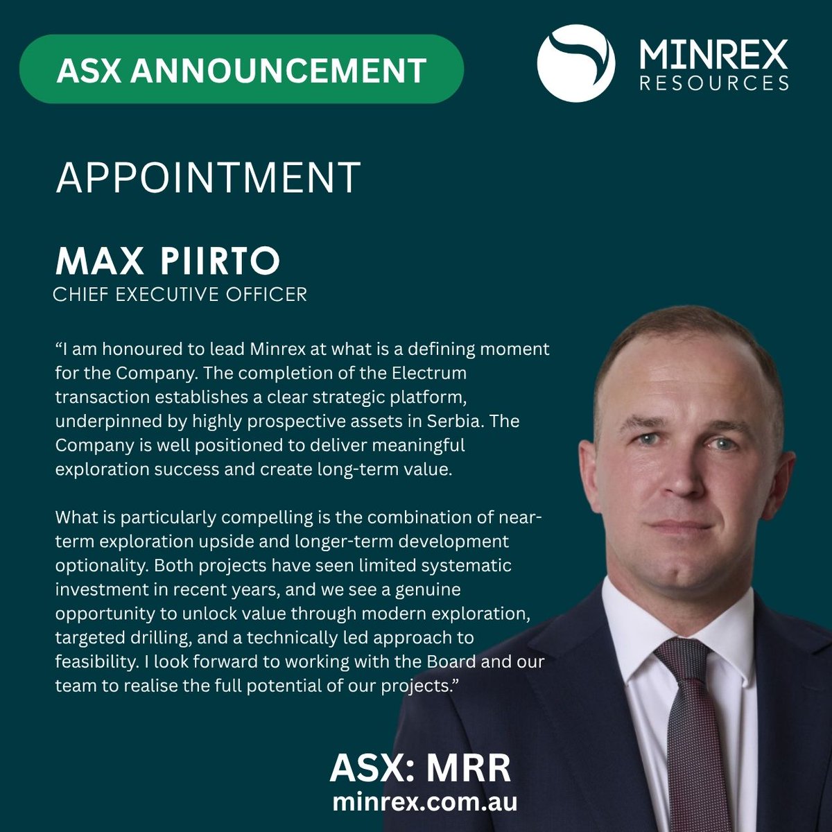 MinRexResources's tweet image. Minrex (ASX: MRR) appoints Max Piirto as CEO, bringing 17+ years’ global mining &amp;amp; project development experience.

Following the Electrum merger, Minrex is set to accelerate growth across its Serbian portfolio, including Tlamino Gold &amp;amp; Timok East.

#ASX #Mining #Gold #Copper