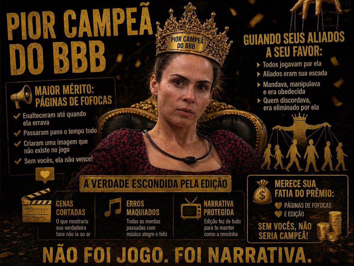 Ana Paula como campeã é, sem dúvida uma das piores da história do BBB. Um jogo cheio de conveniência e sustentado muito mais por fatores externos do que por mérito próprio dentro da casa. Se chegou até o prêmio, deveria sim agradecer e muito às páginas de fofoca que passaram o