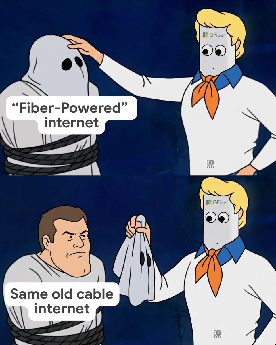 googlefiber's tweet photo. Don't get coaxed by another internet provider with imposter syndrome. We run on 100% fiber. No marketing mask needed. 

#GFiber #FiberInternet https://t.co/p2ofSdtLRR