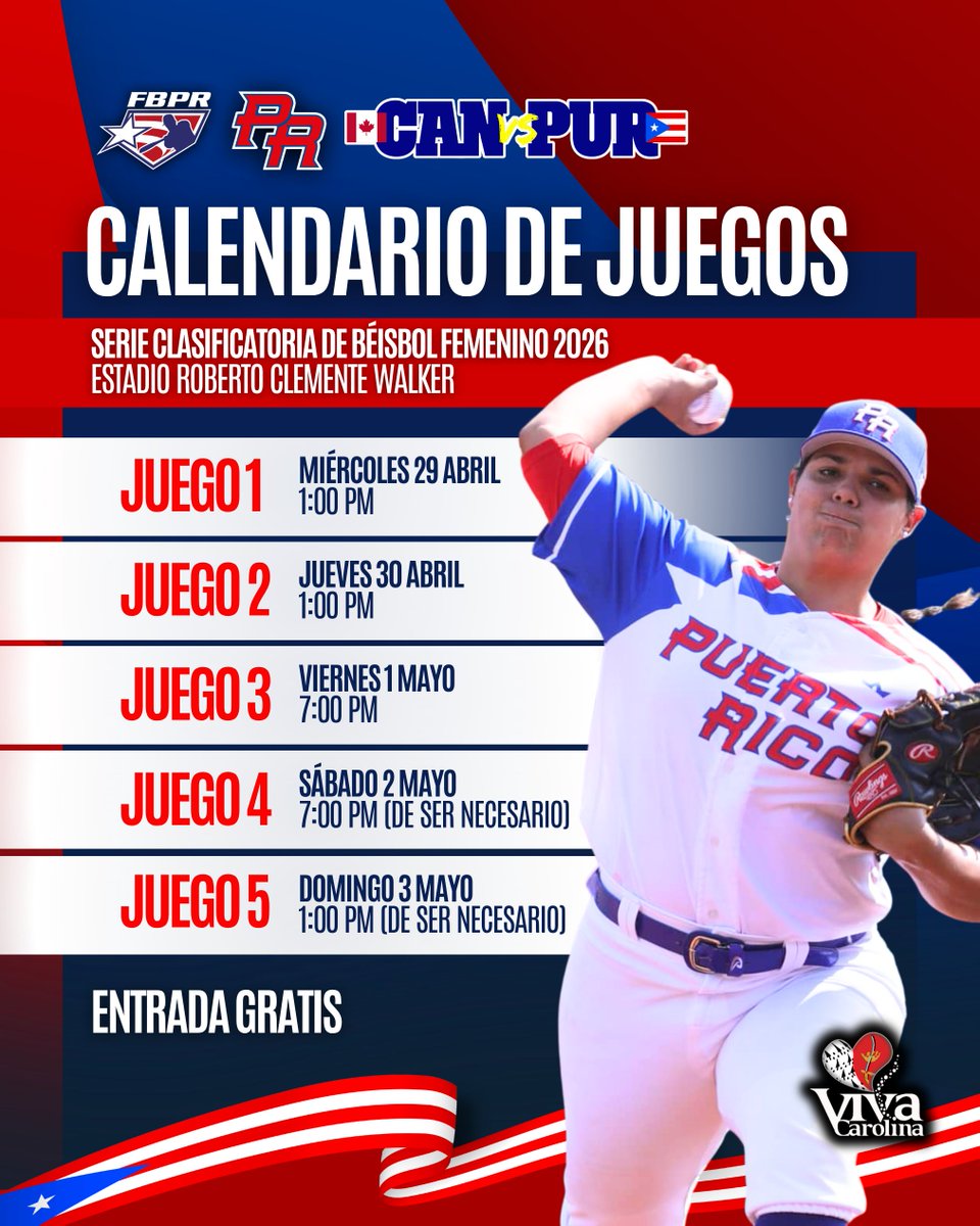 BeisbolPR's tweet photo. ¡Llegó la hora de #LasNuestras! 🇵🇷
Puerto Rico enfrentará a Canadá del 29 de abril al 3 de mayo en el Estadio Roberto Clemente de Carolina, en la serie clasificatoria rumbo a la ronda de grupos de la Copa Mundial de Béisbol Femenino de la @WBSC.
🎟️ Entrada gratuita https://t.co/ybDpemGsTn