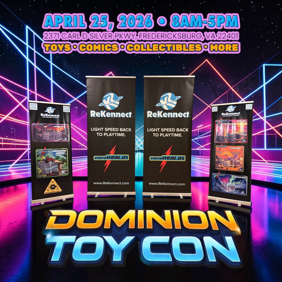 ReKennect's tweet photo. Just a few more days...are you ready?! We're looking forward to seeing you @dominiontoycon this coming Saturday. Keep an eye out for these banners and make your way over to see the entire RetroWorlds Collection. #rekennect #rekennectplaysets #rekennectretroworlds #rekennecttoys https://t.co/v5gJrrcYI2