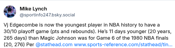 DerekBodnerNBA's tweet photo. VJ Edgecombe is the youngest player in NBA history to have a 30-point, 10-rebound performance in the playoffs, according to @bball_ref (h/t to Mike Lynch, who is not on twitter). 

https://t.co/dyjAE0pRWQ https://t.co/9hh149Yj3f