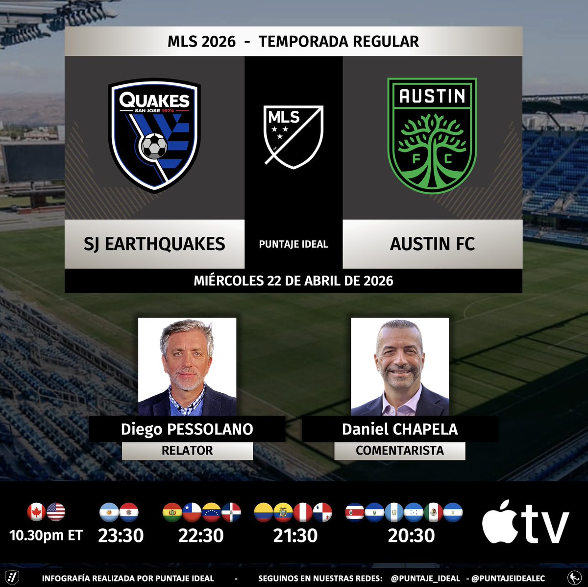 PuntajeIdealEC's tweet image. ⚽️ #MLS 🇺🇸 | #Quakes74 vs. #AustinFC
🎙️ Relator: @DiegoPessolano 
🎙️ Comentarista: @dchapela 
💻📱@AppleTV
🤳#SJvATX
Dale RT 🔃