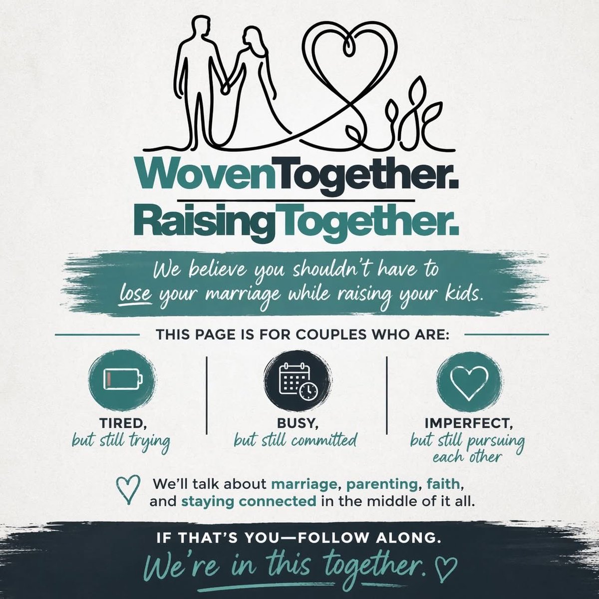 thechalkdude's tweet photo. Don’t sacrifice your marriage on the altar of raising your kids.

We’ve seen how easy it is to drift in the chaos of parenting.
That’s why we started Woven Together, Raising Together.

To help couples keep choosing each other. https://t.co/rzBPRKnV8v