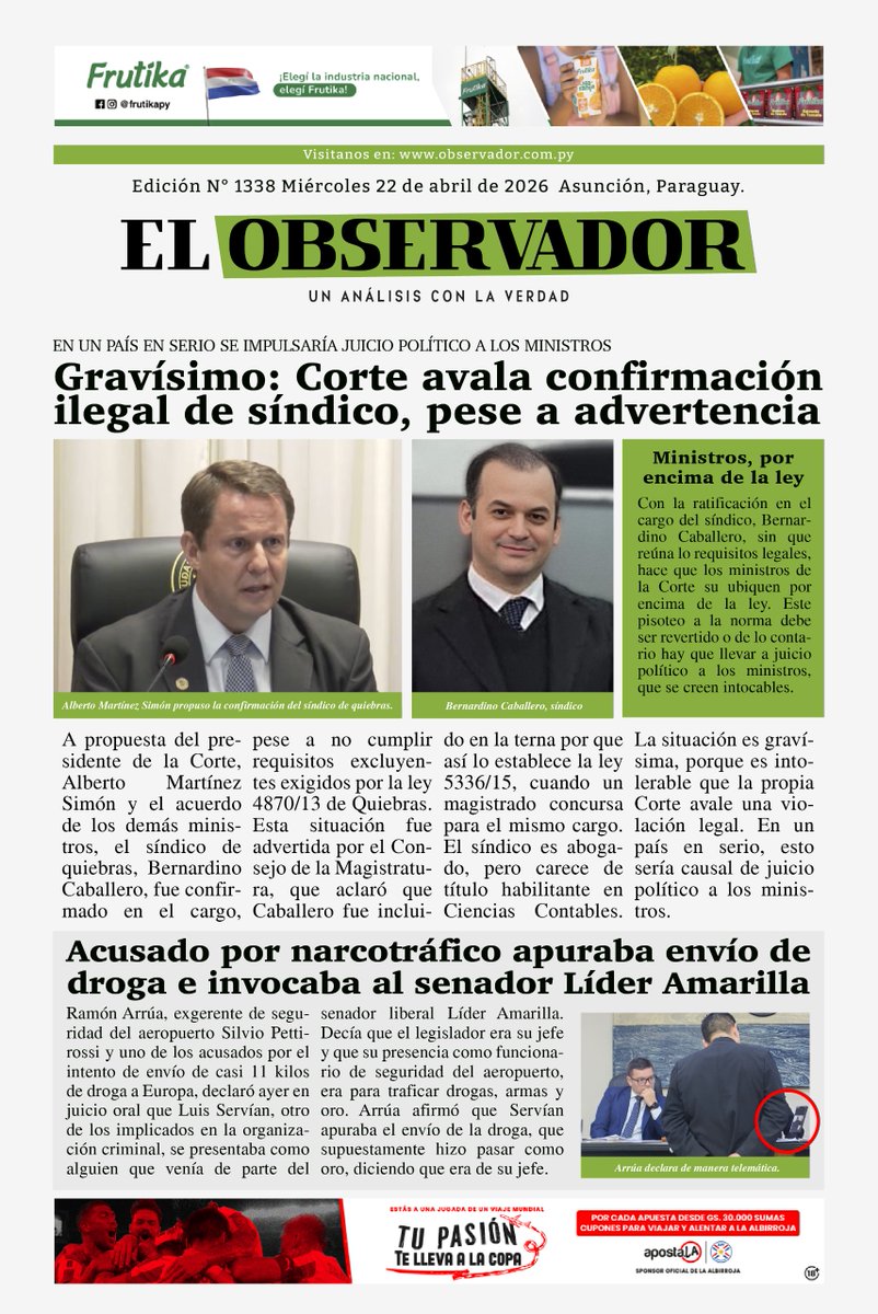 ¡Buenos días!

✅Compartimos con ustedes nuestra tapa🗞️

🌦️Cálido, cielo mayormente nublado, vientos variables. Lluvias dispersas con ocasionales tormentas eléctricas.

🌡️Max: 27°

📌Podes leernos en: observador.com.py