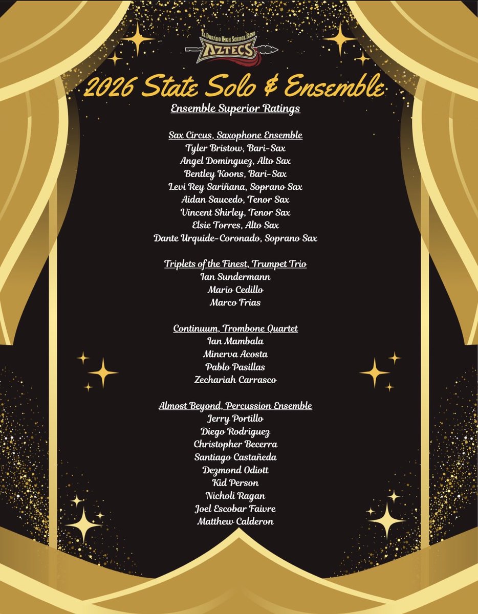 CHinojos_EDHS's tweet image. Congratulations to our Aztec Band members who earned Superior Ratings at the Region 22 State Solo &amp;amp; Ensemble! #Breakthrough @EDAztecs_HS @SISD_FineArts