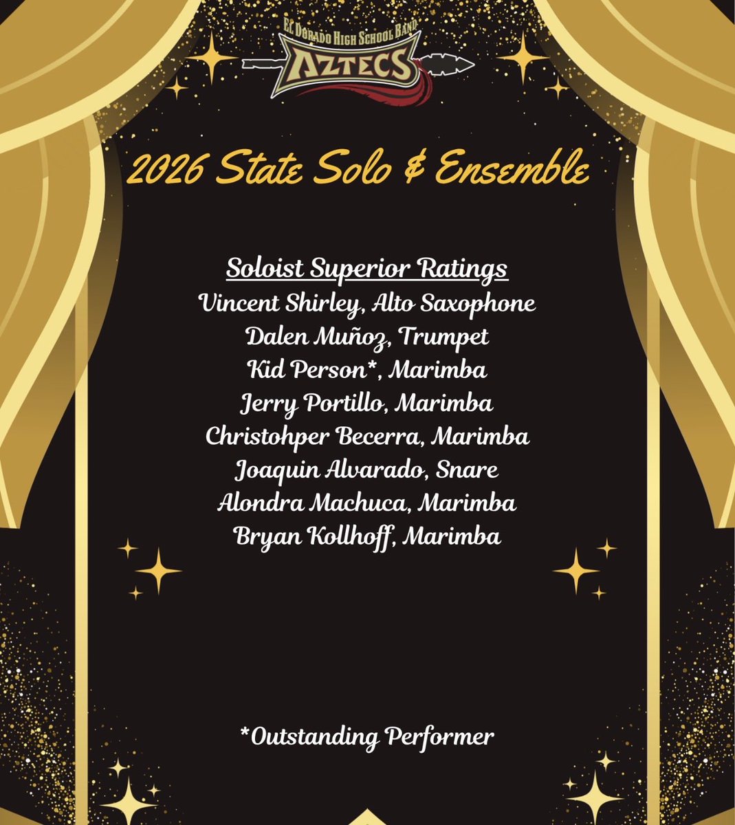 CHinojos_EDHS's tweet image. Congratulations to our Aztec Band members who earned Superior Ratings at the Region 22 State Solo &amp;amp; Ensemble! #Breakthrough @EDAztecs_HS @SISD_FineArts