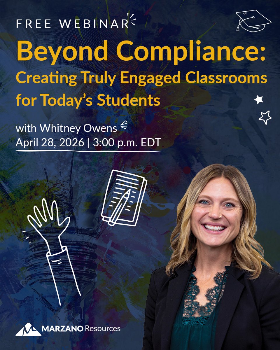 MarzanoResource's tweet image. Tomorrow = your reset button for student engagement.

Move past compliance. Spark real connection.

Register now before it’s too late:
mkt.marzanoresources.com/l/837863/2026-…
#StudentEngagement #EdChat #TeachBetter