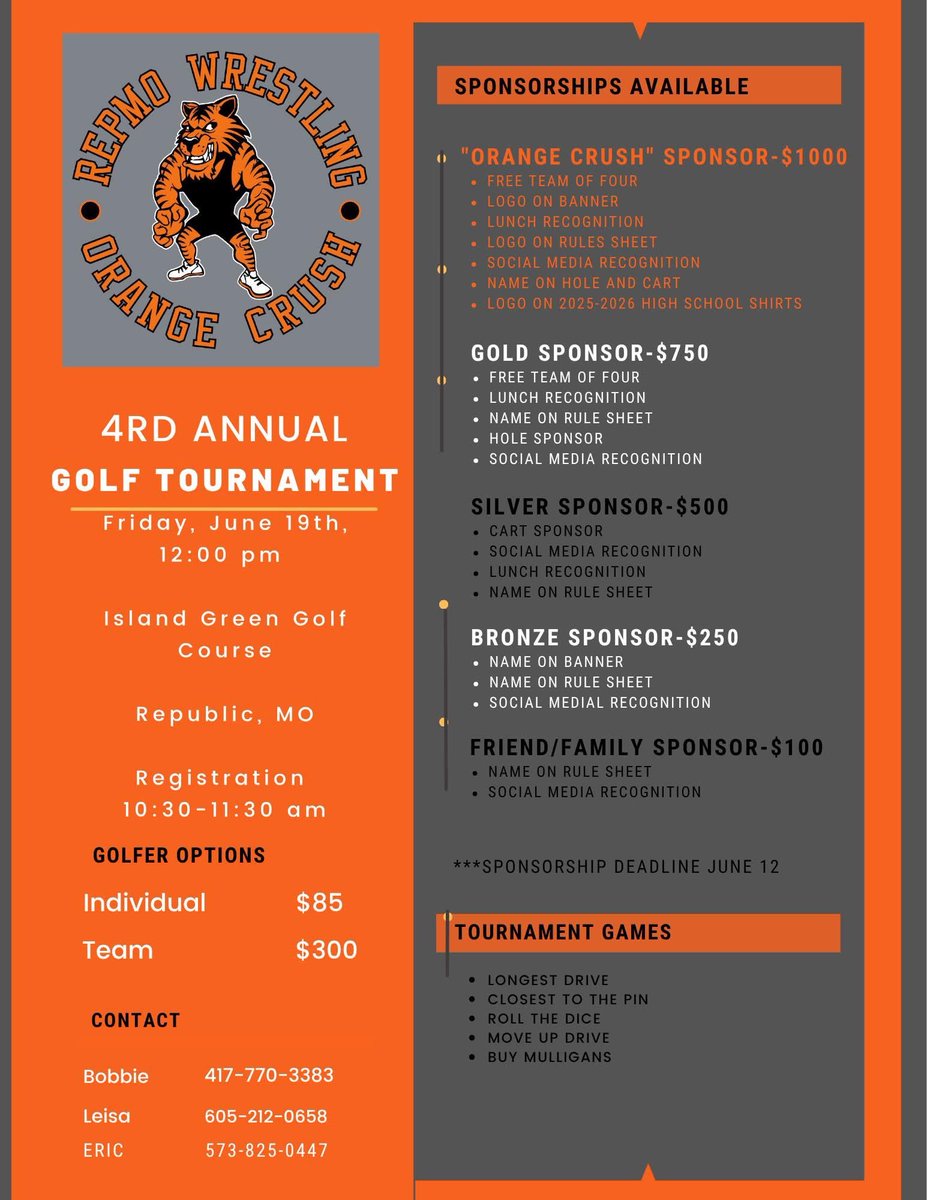 RepmoWrestling's tweet photo. It's time to tee it up! ⛳️🤼‍♂️

Our Repmo Wrestling crew is trading the mats for the greens! We are officially looking for golfers and sponsors for our 4th Annual Golf Tournament this June. https://t.co/Xi2c3iXpnB