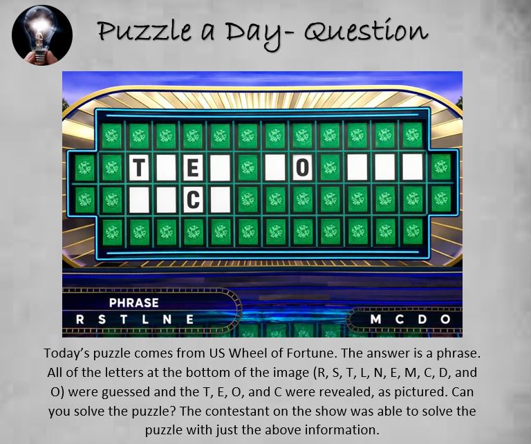 PuzzleADayBlog's tweet image. A Challenging ‘Wheel of Fortune’ Puzzle

#puzzle #puzzles #puzzleaday