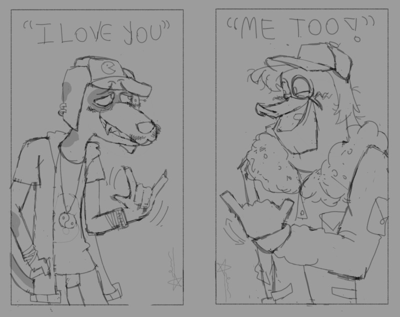 RARESHIP‼️

Launchpad McQuack / Burger Beagle ❤️

A little sketch I did for a friend. They’re using ASL (American Sign Language)