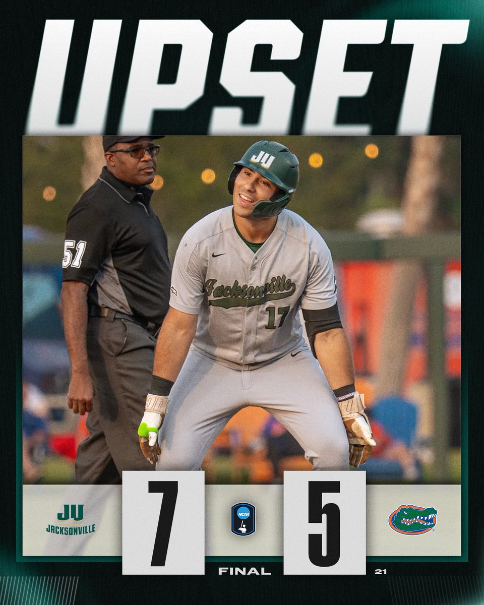 NCAABaseball's tweet image. Dolphin dub in the Swamp 🐬😮‍💨

@JUBaseball upsets No. 21 Florida, 7-5!

#NCAABaseball