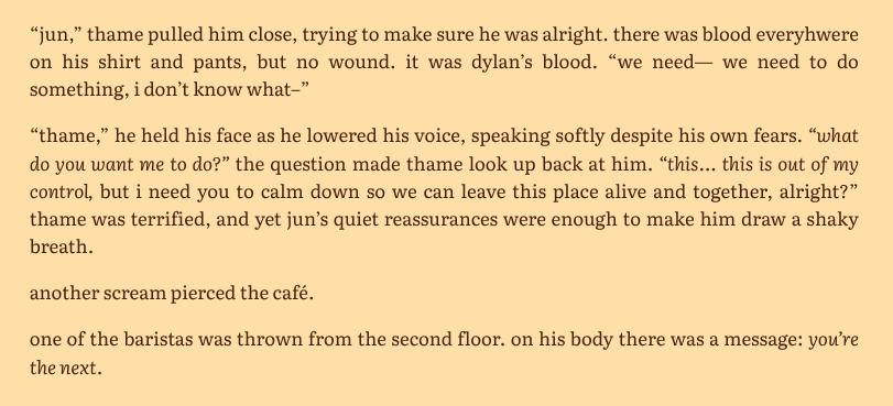 Lunna_Mrs's tweet photo. internet friends  — #thamejun 

07. ❛what do you want me to do? this is out of my control.❜ 

TW: mentions of blood and death. https://t.co/w2TF7J2Mya