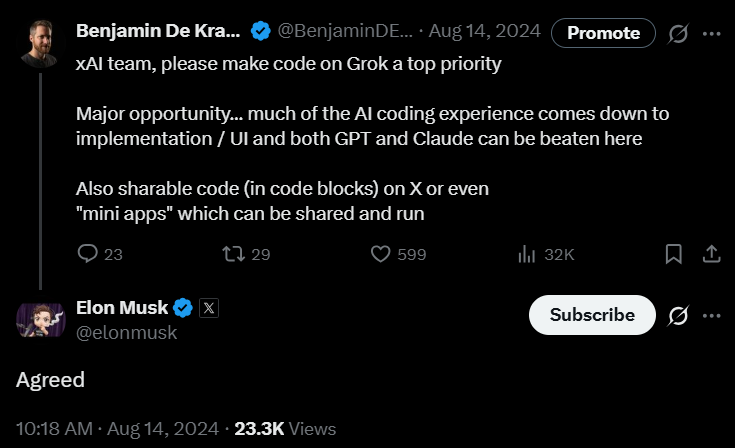 BenjaminDEKR's tweet photo. If I were in charge of xAI:

- They obviously still have the capacity to train models
(Elon says major models are finishing training now, so he's either completely lying, or they retained enough people who know how.)

-They have Colossus, the AI training envy of the planet

-Keep it stripped down. Core team of true believers. Immediate culture change: cut this "trying to be cool" crap, Let's Get Serious.

-Terminate Ani. That was a neat experiment. Now let's get serious.

-Two teams: MODELS and PRODUCTS. Model Team lives and breathes to train the best models on earth, using everything they've learned.

Products Team focuses on Building Useful Things based around those models.

-The most obvious objective is code integration on X.
It's insane they have not done this yet. It's embarassing.

Take the GitHub / Loveable / Replit concepts, plus Google AI Studio, and integrate this on X. Let users build mini-apps (and, later, larger projects) using Grok Code.

Allow users to share and distribute their apps on X, leveraging the social aspects. Let people make money from their apps! Both with rev share (already here) and micro transactions (hint: X Money)

Provide all of the xAI APIs in one place, easy to use for even non-technical people. Use Grok Agents to help people build and craft things.

-TRAIN ON THE CODE. Train on the projects people build. They can opt out, but not at the free tier.

-Do not waste time on an IDE. Those are already out of date. Focus on AGENTIC AI CODING. Ship a Grok CLI (can be ready in weeks or months). Everything is Agentic First.

-Make X a hub, a clearinghouse for interesting AI-build projects which people build, distribute, and scale. Enable everyone to be a builder, with Grok as the guide.

I proposed this to Elon like, 1.5 years ago and he AGREED:

https://t.co/2tcI3ix3RQ

And then, for some reason, it NEVER HAPPENED and this huge opportunity was totally wasted.