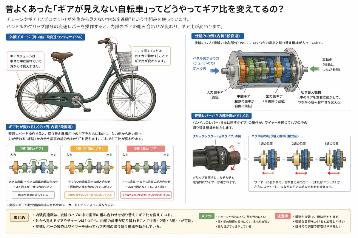 tamagoboro_sub's tweet image. ふと思った疑問で解説を作ってもらった

1枚目プロンプト
昔よくあったギアが見えないタイプの自転車ってどうやってギア比を変えてるの？
図入りで教えて

2枚目 小学生でもわかる内容で教えてに書き換え

教材や資料作成に
大いに役立てられそうな気がするね📝

#ChatGPT  #GPTImage2
