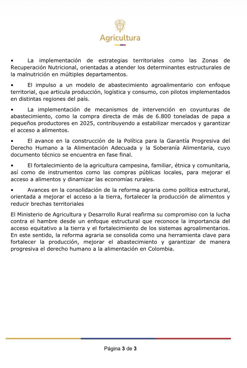 MinAgricultura's tweet photo. #BoletínDePrensa 🚨 | ¡Colombia ha mejorado notablemente sus indicadores de seguridad alimentaria y nutrición! 

Los avances en producción de alimentos, abastecimiento y reducción de la pobreza reflejan el impacto de las políticas públicas del gobierno del presidente @petrogustavo y la #RevoluciónPorLaVida, ✊🏽orientadas a garantizar el derecho a la alimentación. ⬇️