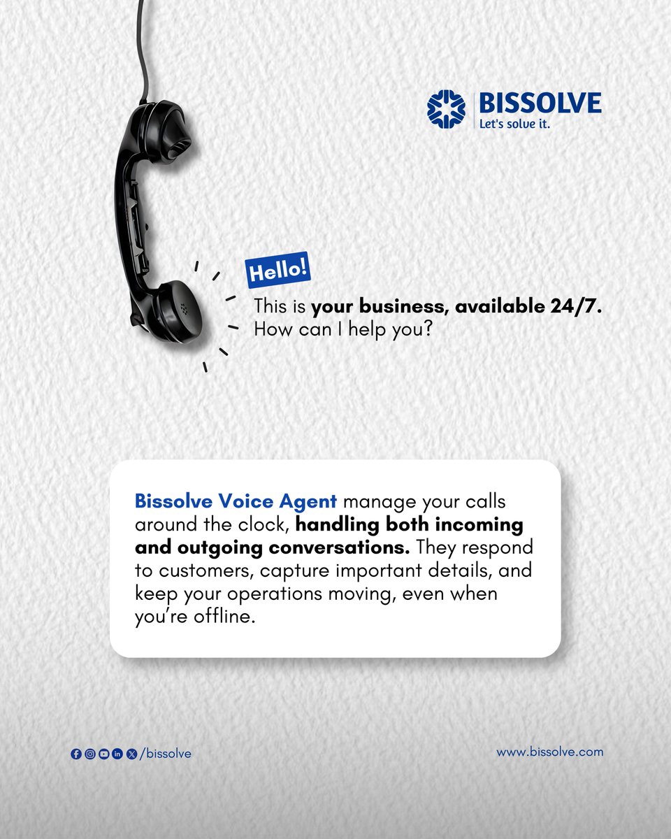 bissolve_'s tweet image. What if your business could answer every call, anytime?
With Bissolve Voice Agents, your business stays available 24/7, handling incoming and outgoing calls, responding to customers.

Let’s solve it.
bissolve.com

#Bissolve #VoiceAI #Automation #CustomerExperience #AI