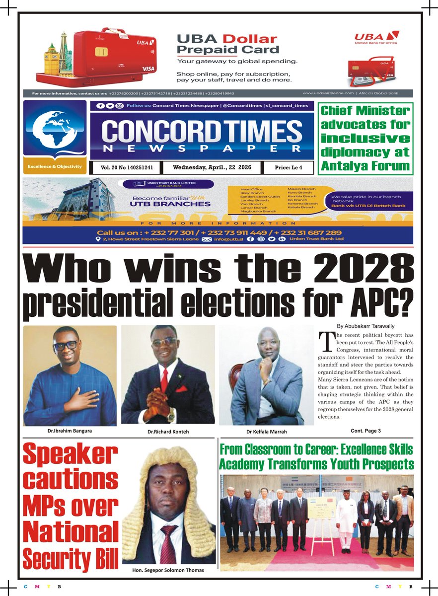 Concordtimes's tweet image. April 22 - Headlines 

#BreakingNews #Freetown #MamaSalone #SaloneTwitter