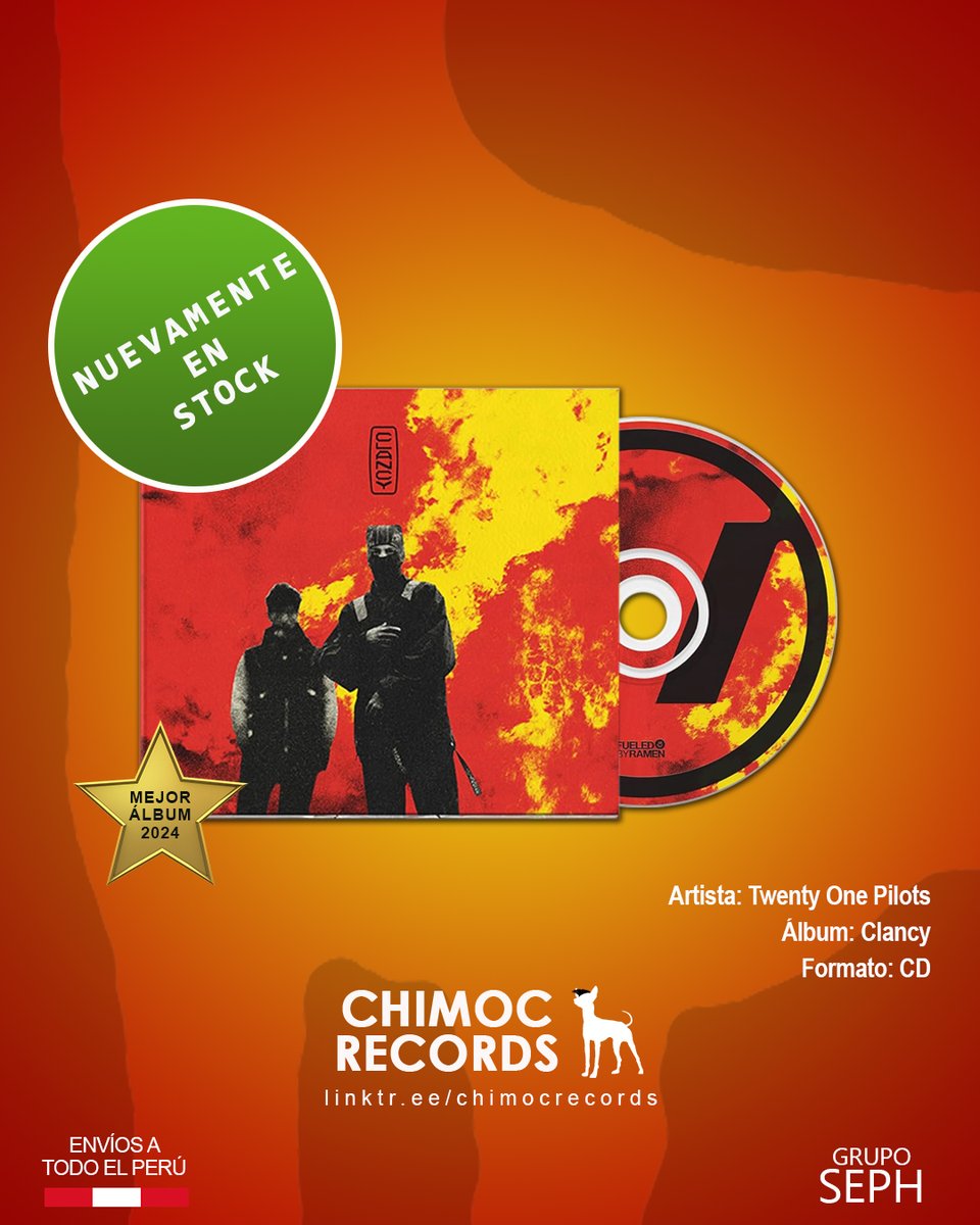 ¡Nuevamente disponible en stock! 😊
Twenty One Pilots - Clancy
CD nuevo y sellado
➡️ Precio: S/ 79

#TwentyOnePilots #TOP #Clancy