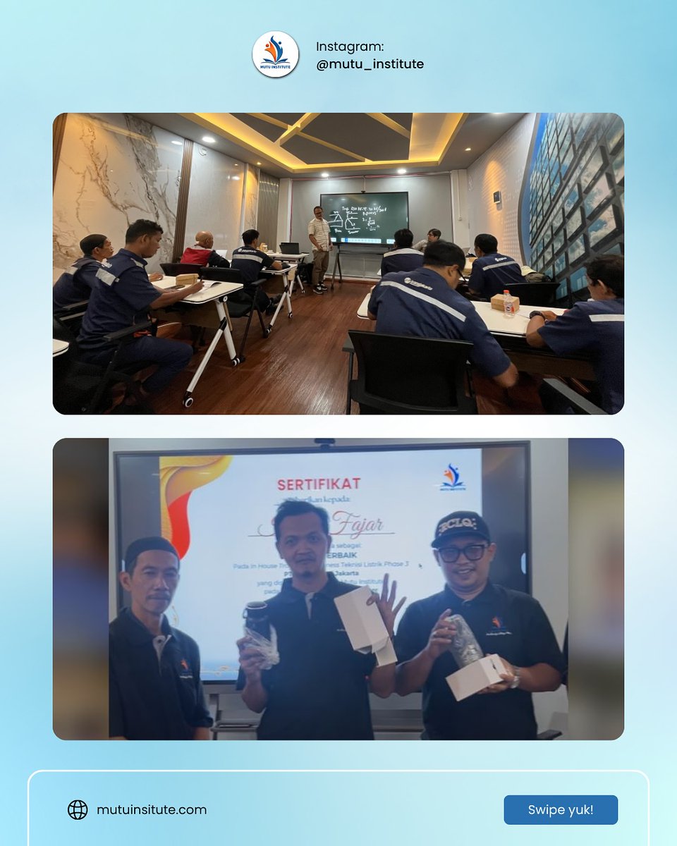 MutuInstitute's tweet image. Mutu Institute sukses menggelar In-House Training Teknisi Listrik 3 Phase bersama PT Transportasi Jakarta di Depok (22–23 September 2025).

Kegiatan ini memperkuat kompetensi teknisi untuk mendukung keandalan operasional &amp;amp; keselamatan kerja.

#Kelistrikan #Training