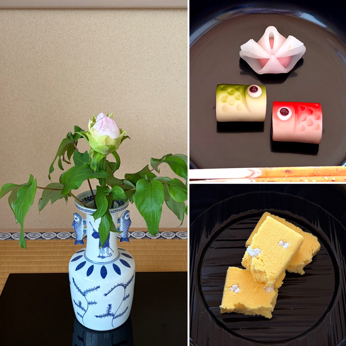 seifuken's tweet photo. 炉最後の��稽古
牡丹を高砂に
端午の節句の名残で兜と鯉のぼりに魅かれて主菓子に
干菓子は不昧公のお好み菜種の里

#青楓軒 #表千家茶道教室 #茶花 #菓匠花見 #三栄堂 https://t.co/C9KHUgZ0FF