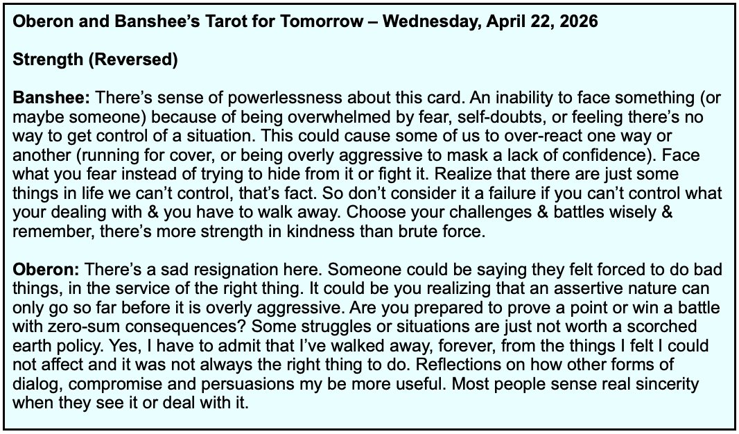 tftTarot4today's tweet image. Hi everyone! Things feel “off” today, more than usual for a Wednesday. Some of us may feel defeated or powerless, while others may be misapplying their power. Here’s the Tarot for Tomorrow, Wednesday, April 22, 2026. #tarot #dailytarot #TarotReading