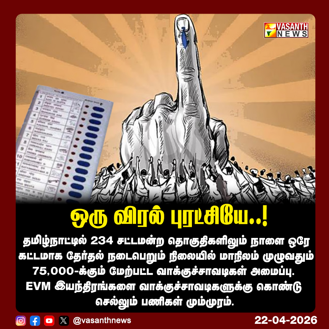 VasanthNews's tweet image. ஒரு விரல் புரட்சியே..!

#VasanthNews #TamilNaduElections #Election2026 #VotingDay #EVM #Democracy #VoteForIndia #TNPolitics #OnePhaseElection #ElectionUpdate
