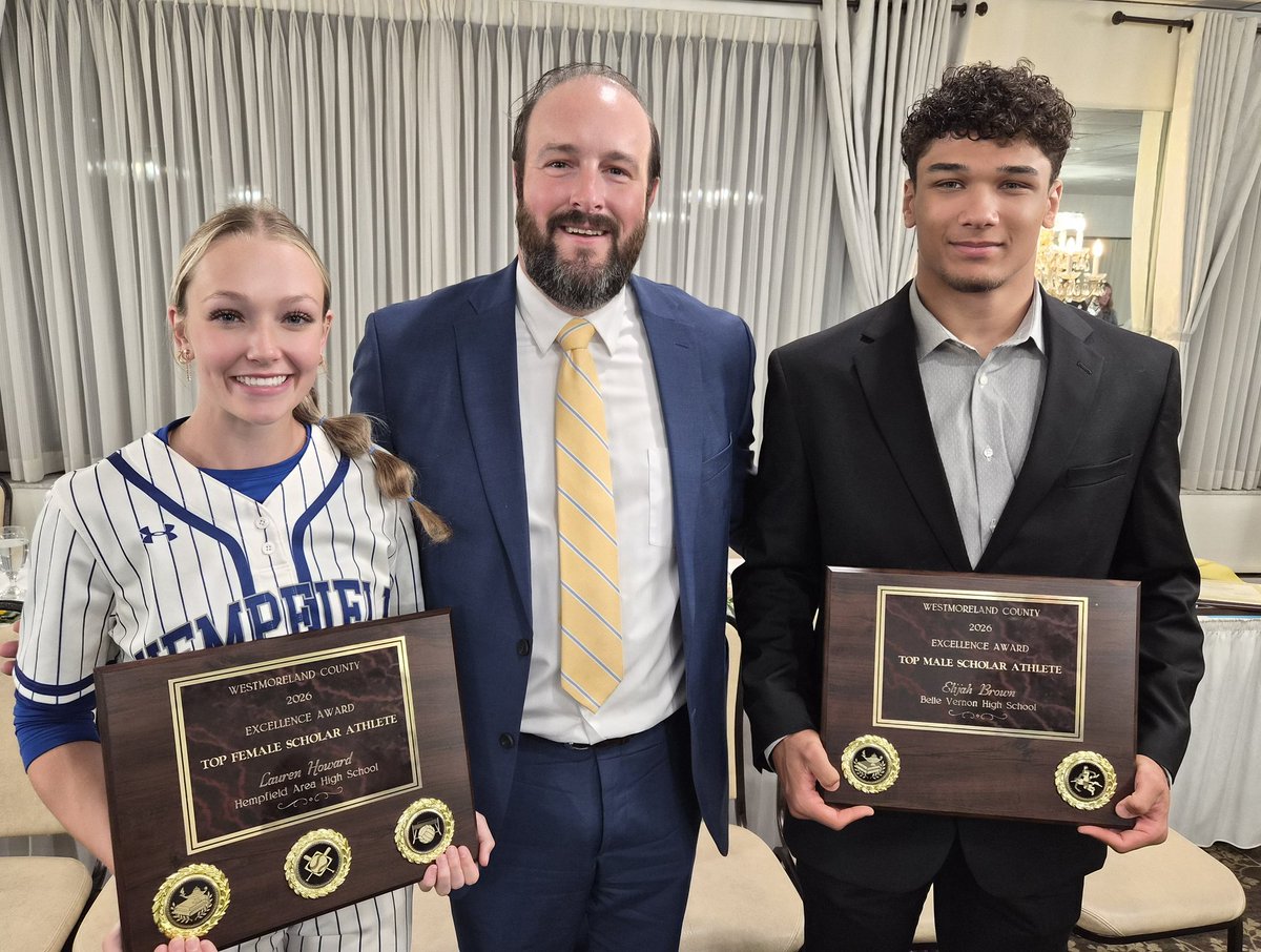 Schofield_Trib's tweet photo. The winners of the Excellence Award at the Westmoreland Count Scholar/Athlete banquet  were @hasd_athletics Lauren Howard and @BvasdAthletics Elijah Brown. @TribLiveHSSN @Schofield_Trib @BillBeckner @TribSports https://t.co/KFXRvRiDy5