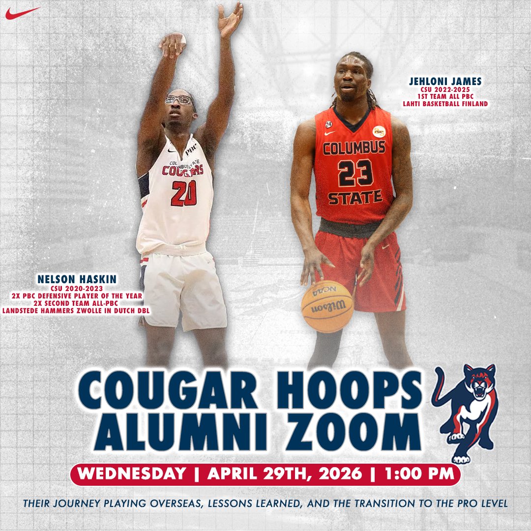 Join us for another Cougar Hoops Alumni Zoom on April 29th at 1:00 PM! Hear from former players Jehloni James and Nelson Haskin as they share their journeys playing overseas, lessons learned, and their transition to the pro level!🐾

DM us for the link!

#CSUMBB | #GoCSU
