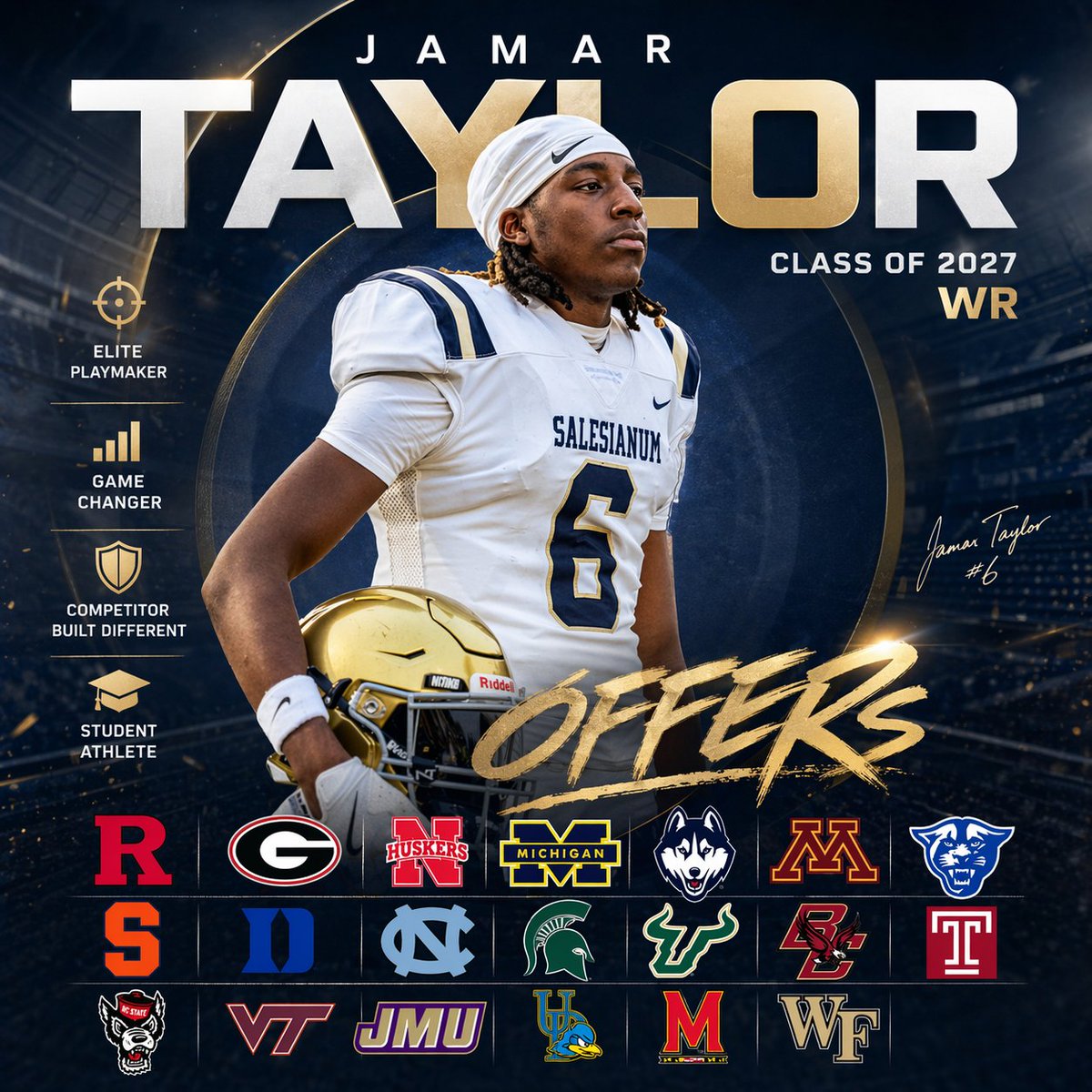 iamjamartaylor1's tweet image. Excited to be in this position💪🏿
But I know I’m just getting started.
More work to do.

@SalesianumFB @CoachDelleDonne
#AGTG #ClassOf2027 #WR1