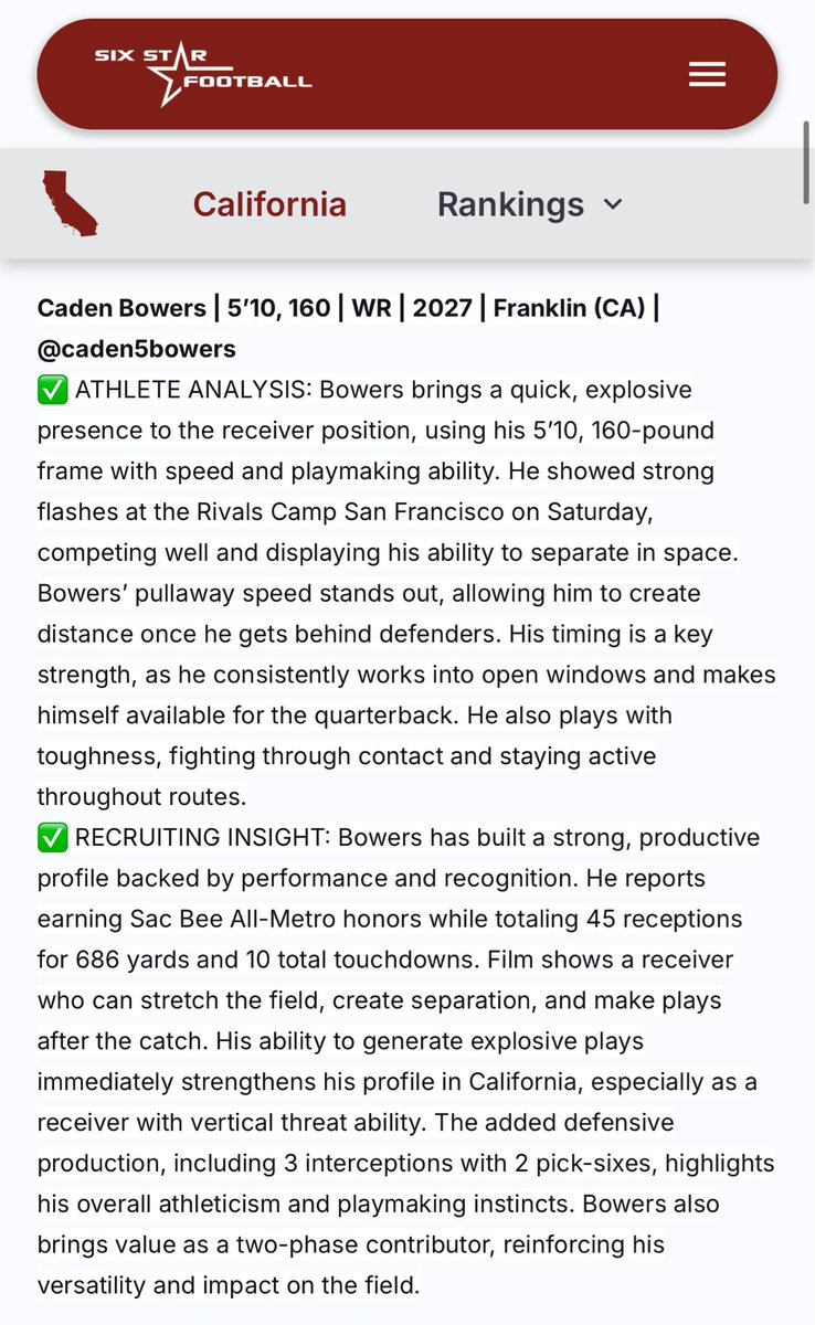 caden5bowers's tweet photo. Thanks @sixstarfootball for the right up! Had a great time competing at @RivalsCamp Looking forward to competing more in the future.
@CoachMacCatsFB https://t.co/w554eyggZk