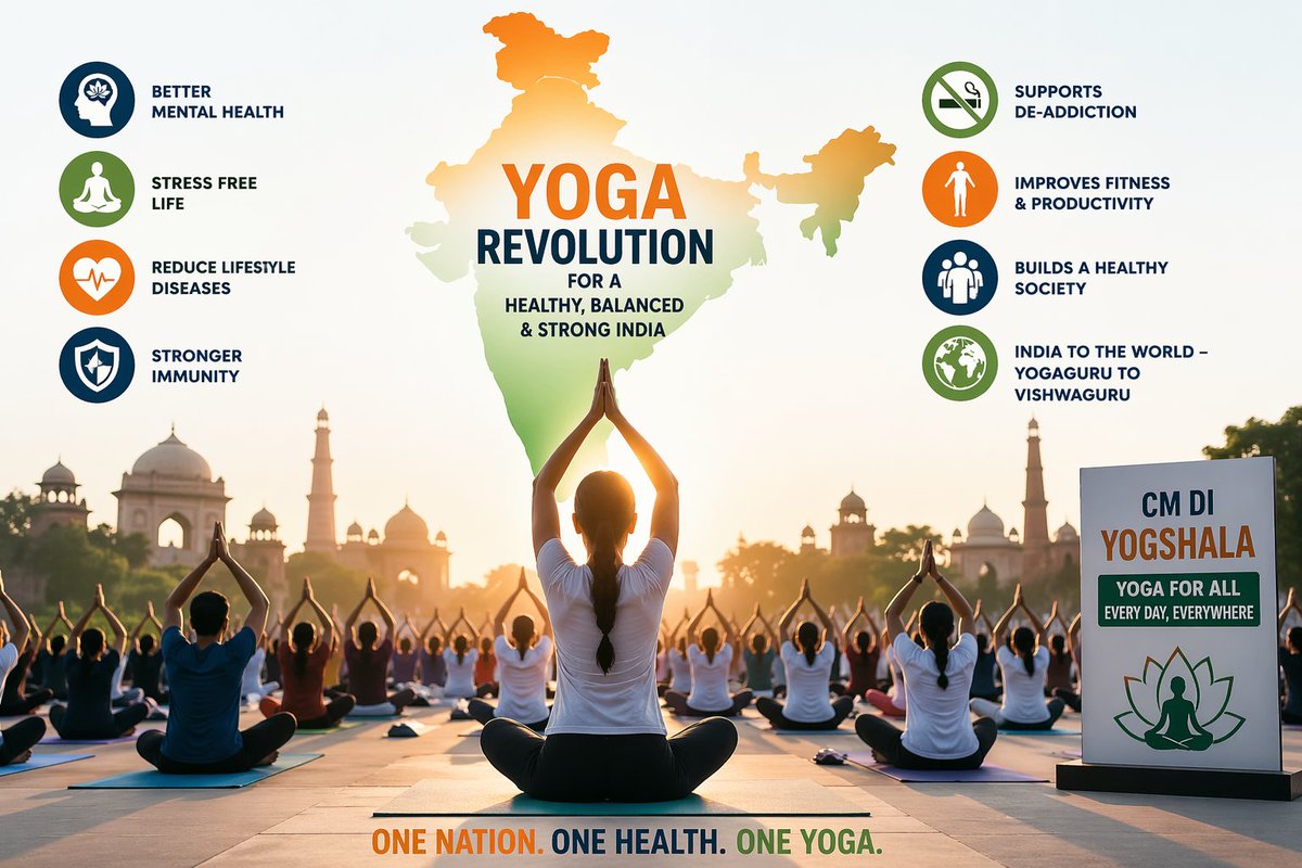 KamleshMSU's tweet photo. India is witnessing several campaigns around mental health, nutrition, fitness, de-addiction, and lifestyle improvement. However, if we truly want to build a healthier, more balanced, and stronger nation, we must first bring yoga into the mainstream of public health.

Yoga is not just physical exercise; it is a complete lifestyle intervention that improves physical health, mental well-being, emotional balance, productivity, and quality of life.

Today, India is facing a growing burden of stress, depression, anxiety, insomnia, obesity, diabetes, hypertension, substance abuse, and lifestyle disorders. While treatment is important, prevention must become an equal priority — and yoga can play a transformative role in this shift.

Programs like CM Di Yogshala offer a strong and scalable model for public wellness. By providing free and accessible yoga classes in communities, such initiatives demonstrate how governments can promote preventive healthcare at the grassroots level.

India now needs a nationwide Yoga Revolution — one that reaches schools, colleges, workplaces, villages, urban communities, hospitals, and public institutions. Every state should consider developing initiatives similar to CM Di Yogshala to make yoga a part of daily life for millions.

The future of healthcare is not only in hospitals and medicines, but also in prevention, awareness, and healthy living.

If India wants to become a global leader in health and wellness, it must first become a global leader in yoga.

#YogaRevolution #CMDiYogshala #PreventiveHealthcare #MentalHealth #PublicHealth #Wellness #HealthyIndia #YogaForAll #LifestyleMedicine #FitIndia