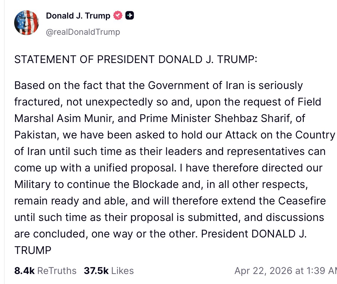 evrydaypursuit's tweet image. Trump has extended the U.S. ceasefire with Iran until Tehran submits a unified proposal to resolve the conflict. The naval blockade remains in place as diplomatic efforts continue. 

#Trump #IranCeasefire #MiddleEast