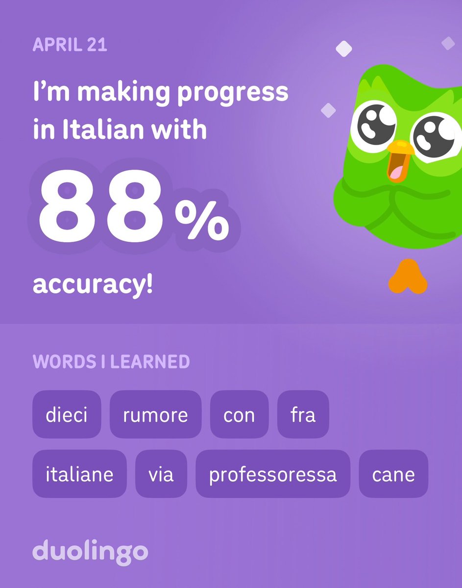 BargerCoach's tweet image. I’m learning Italian on Duolingo! It’s free, fun, and effective. #duolingo #palermo #sicily #amalficoast #positano #siena #florence #milan #milano #lakecomo #bellagio #trastevere #rome #roma #italy #summervacation #summer2026
