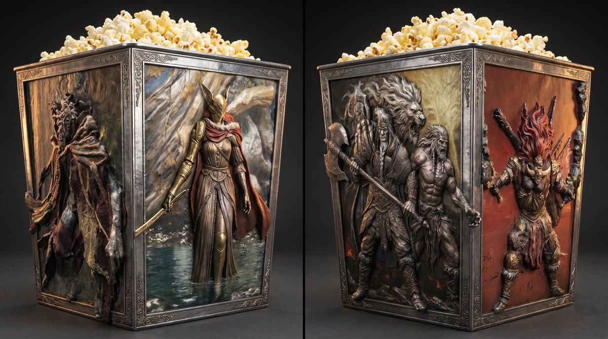 asianamcape's tweet image. 🍿💡 for #eldenring @a24 Four Boss container @AMCTheatres @CEOAdam #amc #AMCTheatres embossed boss characters, bucket unlocks to form an accordion style stand