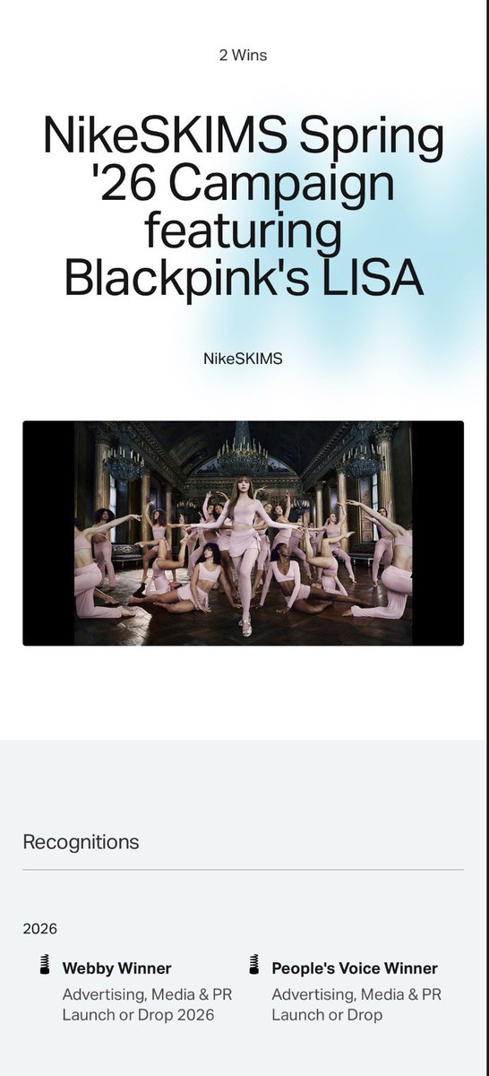 Congratulations <a href="/wearelloud/">LLOUD</a> #LISA for being apart of these projects winning the 2026 Webby Awards

“Spring '26 Campaign featuring LISA for NikeSKIMS”
🏆 Webby Winner - Launch/Drop
🏆 People’s Voice Winner

The White Lotus Season 3
🏆 Webby Winner - Integrated Campaign