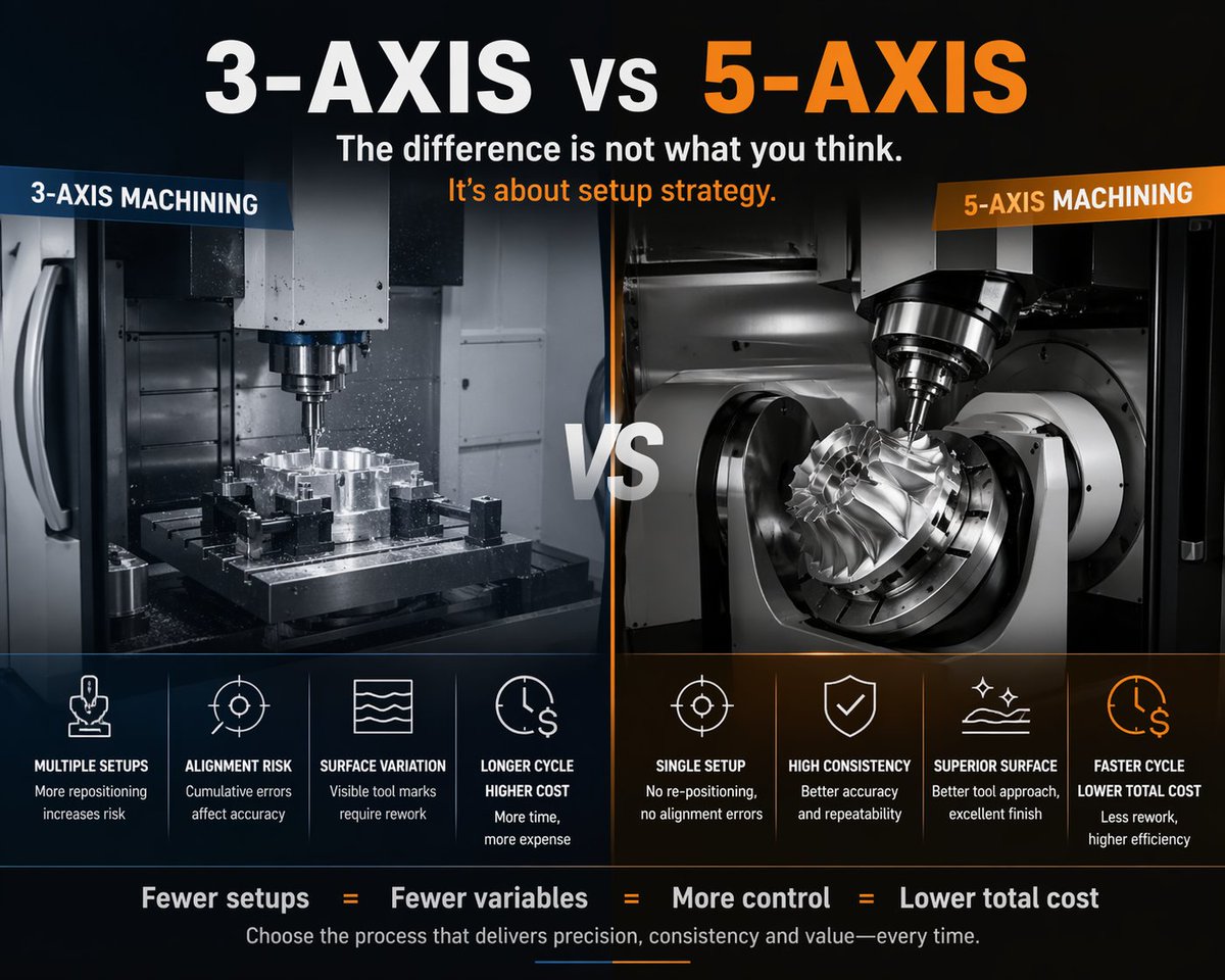 cncmachining0's tweet image. Still choosing 3 or 5-axis?

Stop chasing microns &amp;amp; start fixing setups. 3-axis adds risk; 5-axis adds control.

✅Stable tools ✅Better yield in Ti/Mg ✅Fewer variables
Focus on how it's made.
#CNC #Aerospace #5Axis #Precision