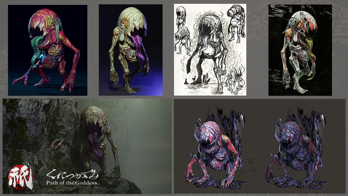 ■第3回　始まりの、がき・餓鬼
緊急事態宣言の真っただ中。企画立案中に描いた第一号畏哭。
同時に畏哭の設定を考えつつ、デザインをしつつ、行ったり来たりと。
ゲーム中のカメラが離れているので、顔は大きくして。
空洞に空洞って何か得体の知れない怖さがありますよね…