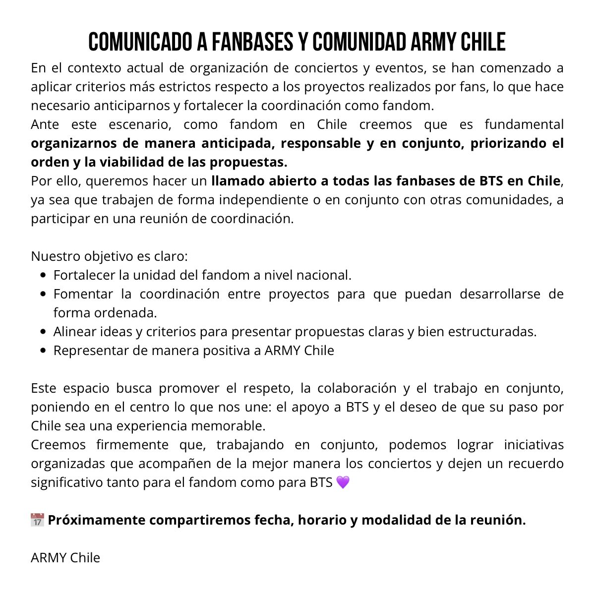 armychilensis's tweet photo. 🗣 Llamado a las fanbases de BTS en Chile y a CH ARMY

🇨🇱 Para que la experiencia de los chicos y nuestro fandom sea inolvidable en octubre, te invitamos a leer este comunicado

#BTS_WORLDTOUR_ARIRANGSANTIAGO
#BTSCHILE
#BANGTANCHILE
#ARIRANGTOUR https://t.co/M55mK0SBEk