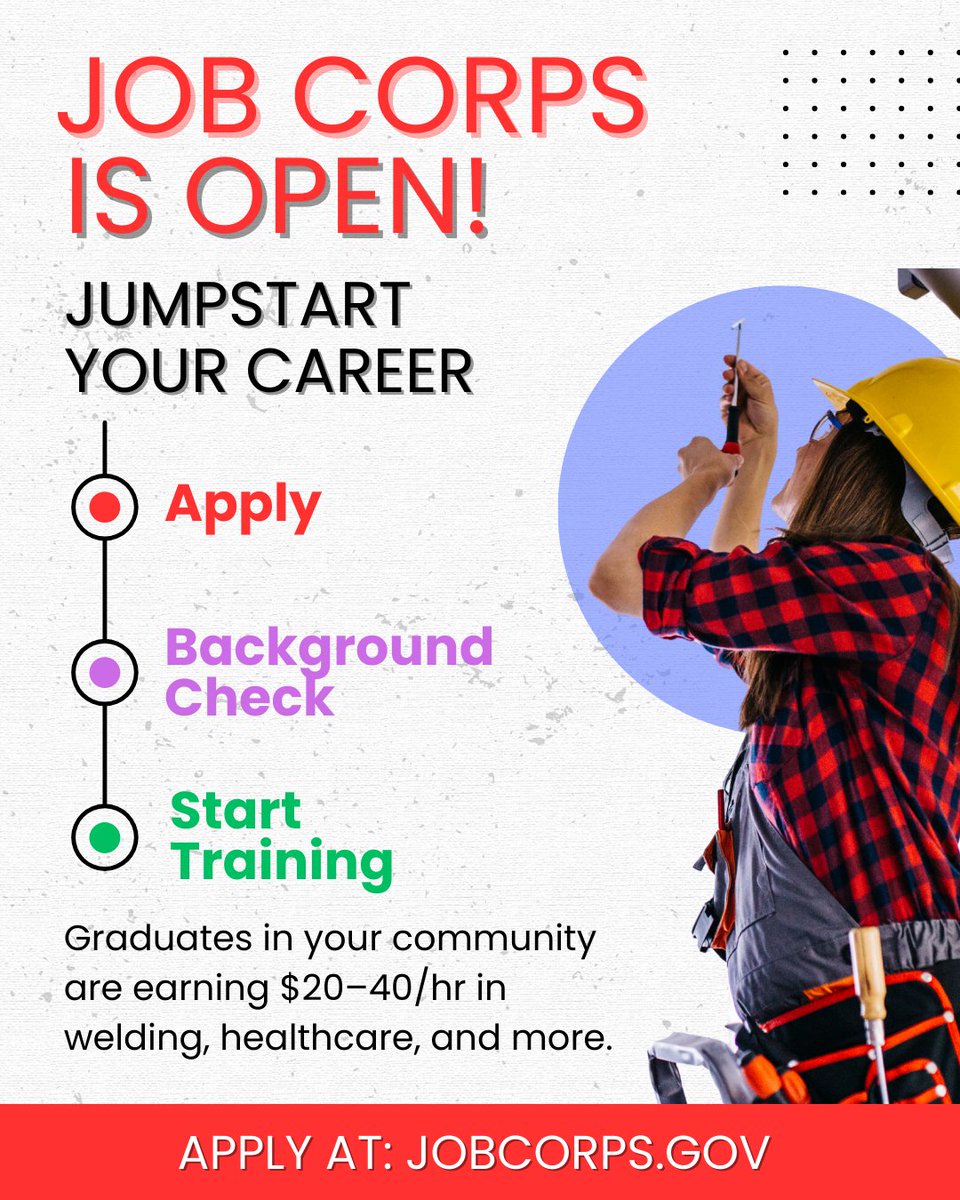 eckerdconnects's tweet image. Flip the switch on your future with Job Corps. ⚡

Electricians are essential — and paid like it.
Train tuition free. Graduate job ready.
Starting pay: $20–$40/hr.

👉 brnw.ch/21x1Ofh

#ElectricalCareers #SkilledTrades #JobCorpsWorks