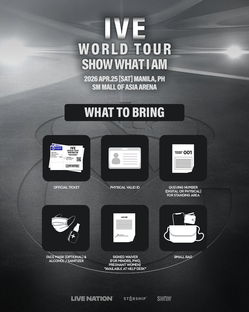 livenationph's tweet photo. 📣 Reminder, DIVE! 

Make sure to check the list of prohibited items before heading to the concert to avoid any delays at the gates.

#IVE #아이브 #SHOW_WHAT_I_AM https://t.co/n8kH6zangJ