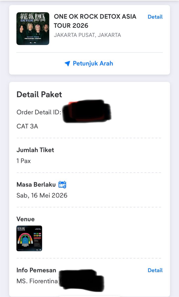 pinofiyo's tweet photo. Hello guys, WTS tiket ONE OK ROCK DETOX ASIA TOUR 2026 CAT3A. Harga sesuai sm harga beli. Jual santai karna possibly ada business trip di tgl segitu. Hmu di dm jika berminat☺️ #wts #oneokrock #detoxtour https://t.co/n2Dp5hspMZ