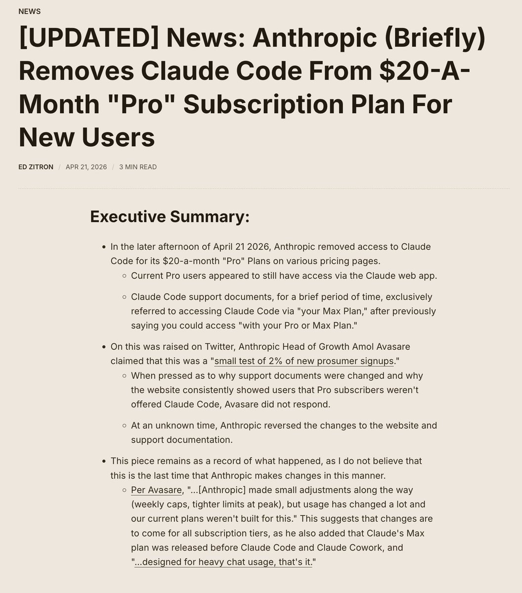 edzitron's tweet photo. Anthropic has now reversed every change, and said that removing Claude Code from Pro was a "small test of 2% new prosumer signups." This doesn't explain why changes were made to support materials and the website, and I think we see changes to Max soon.

https://t.co/dMnjpa0YKP https://t.co/MAqIinvl3f
