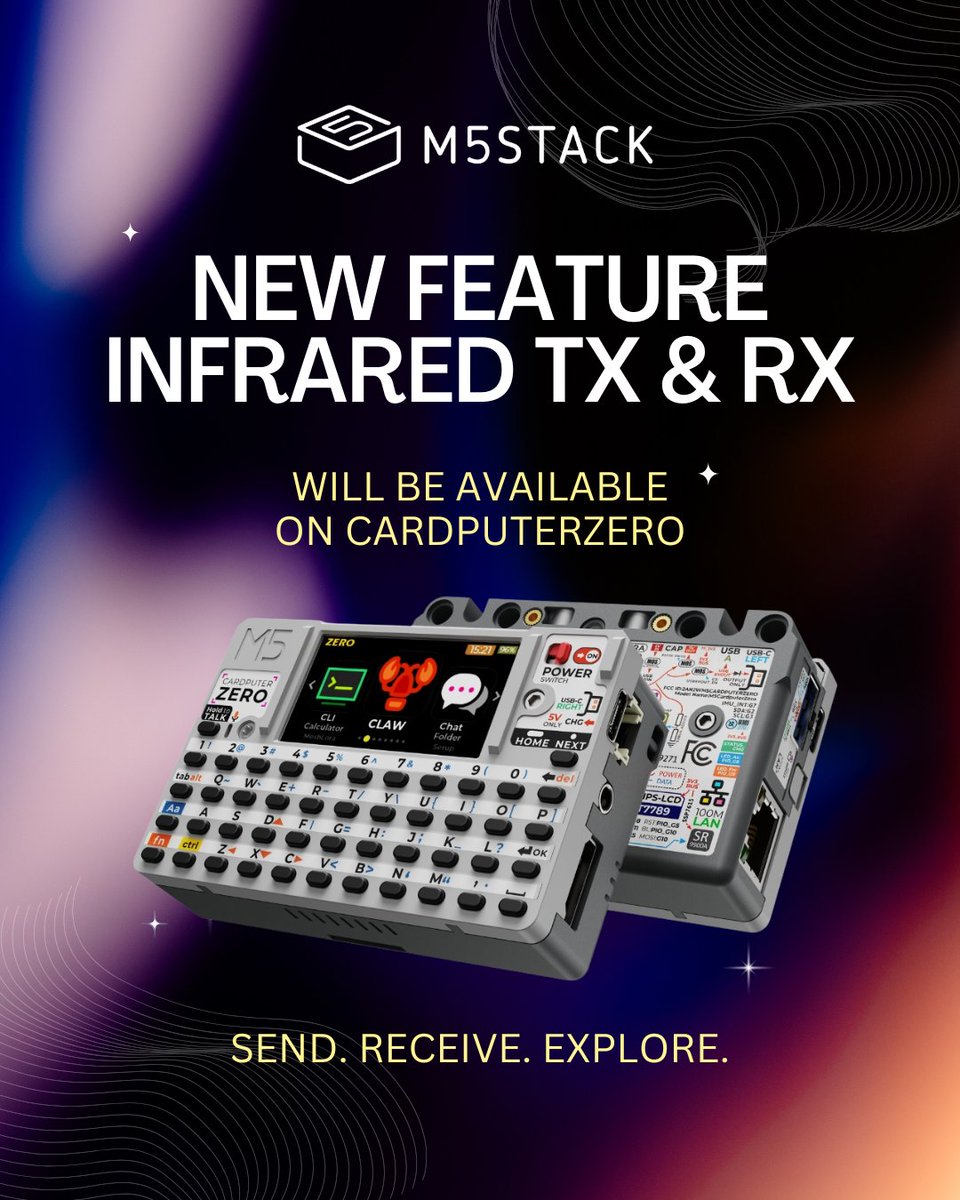M5Stack's tweet image. Infrared TX &amp;amp; RX is coming to CardputerZero.

Learn signals, send commands, test devices, and build more fun projects — all from your pocket.
Reserve now to lock in the lowest price 🎁
bit.ly/48SPrYJ

#M5Stack #CardputerZero #RaspberryPi