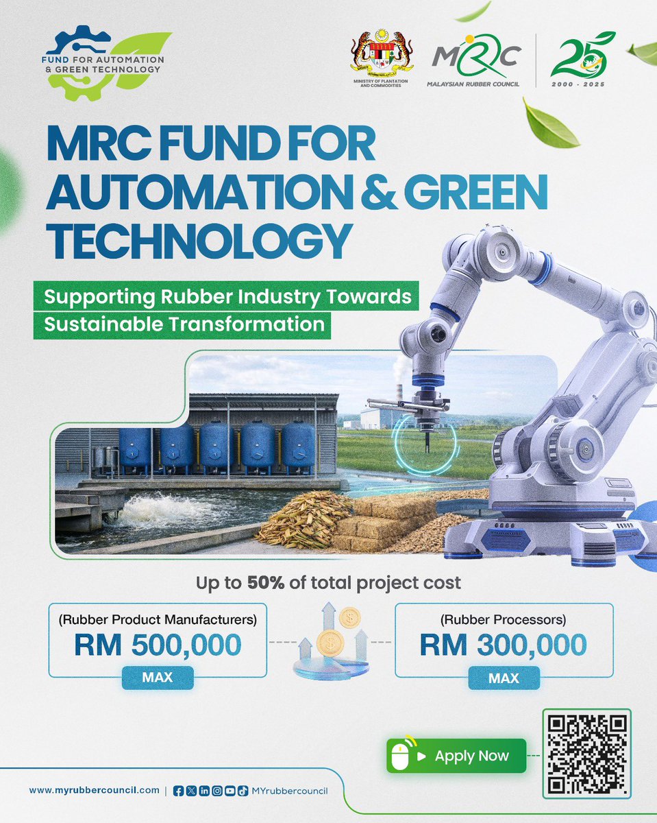 Are you ready to elevate your manufacturing operations? 🤩
 
MRC’s Fund for Automation &amp; Green Technology (FAGT) supports rubber companies in adopting automation, digitalisation, and sustainable solutions to enhance productivity while reducing environmental impact.
 
💰 Grant