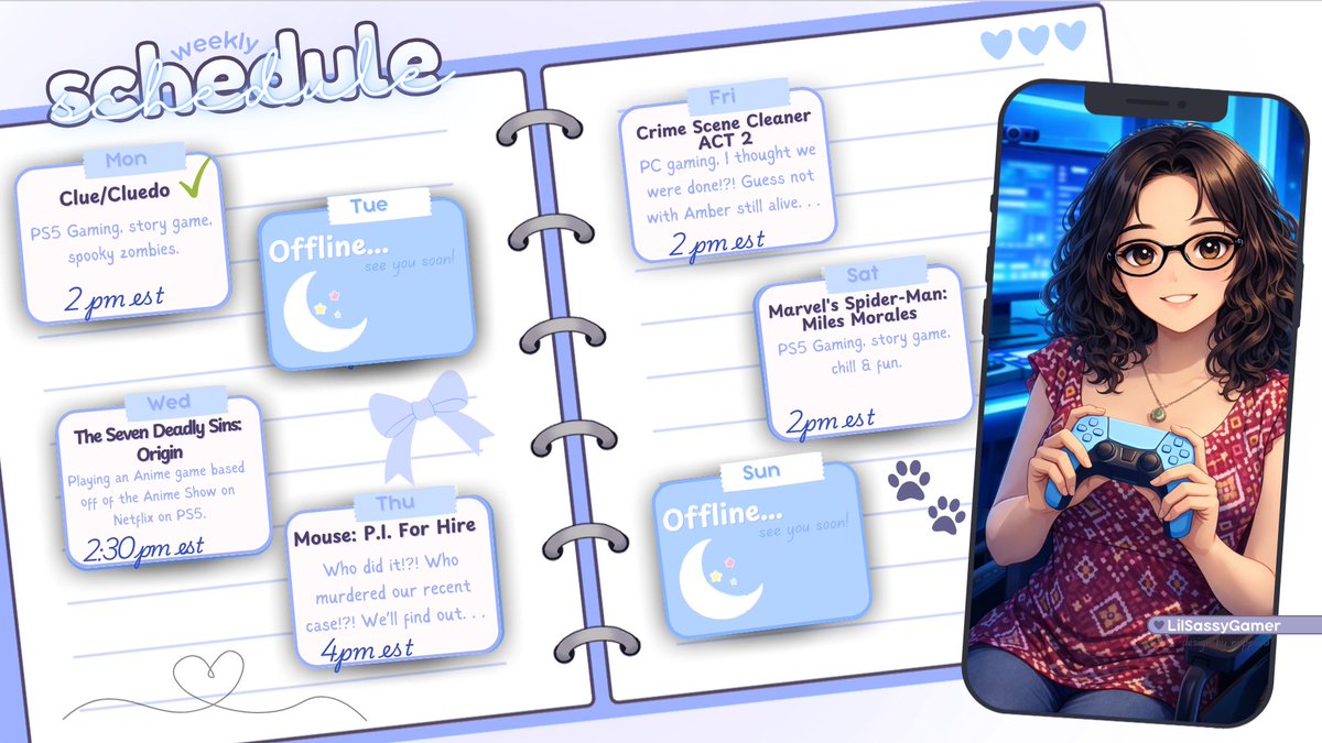 LilSassyGamer's tweet photo. This is this week's updated schedule for #twitch &amp; I hope to see you all there my pretties!! <3   #twitchstreamer #twitchschedule #pngtubers #Vtubers #twitchaffiliate https://t.co/Q4LbkxDOVy